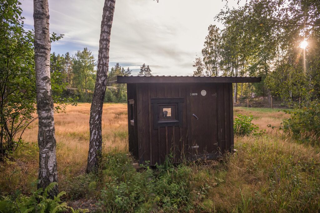 Jaktstuga vid en äng och två fina björkar.